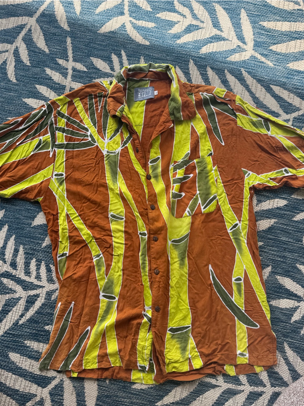 Pareo Hawaiian Men’s XL Tropical Bamboo Print Button-Up Shirt in Brown & Lime